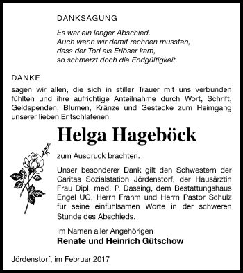 Traueranzeige von Helga Hageböck von Mecklenburger Schweiz