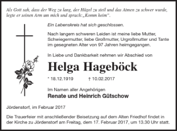 Traueranzeige von Helga Hagebück von Mecklenburger Schweiz