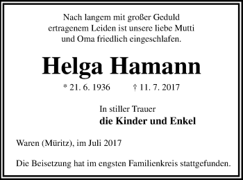 Traueranzeige von Helga Hamann von Müritz-Zeitung