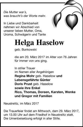 Traueranzeige von Helga Haselow von Strelitzer Zeitung