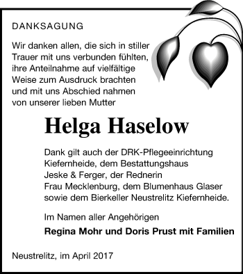 Traueranzeige von Helga Haselow von Strelitzer Zeitung