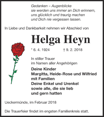 Traueranzeige von Helga Heyn von Haff-Zeitung
