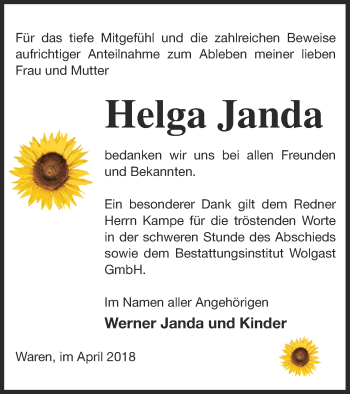 Traueranzeige von Helga Janda von Müritz-Zeitung