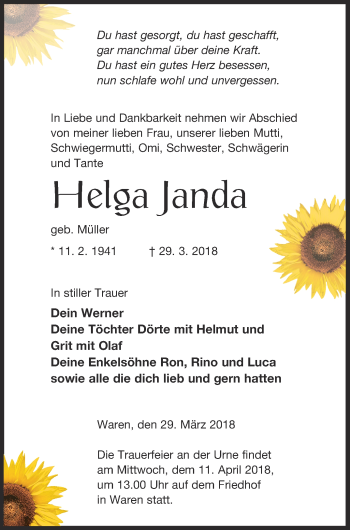 Traueranzeige von Helga Janda von Müritz-Zeitung