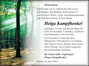 Traueranzeige von Helga Kampfhenkel von Müritz-Zeitung