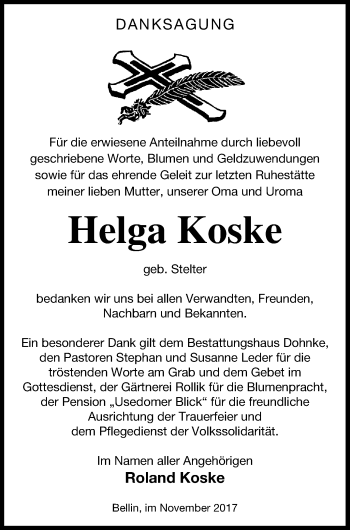 Traueranzeige von Helga Koske von Haff-Zeitung