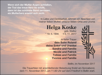 Traueranzeige von Helga Koske von Haff-Zeitung