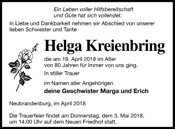 Traueranzeige von Helga Kreienbring von Neubrandenburger Zeitung