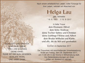 Traueranzeige von Helga Lau von Haff-Zeitung