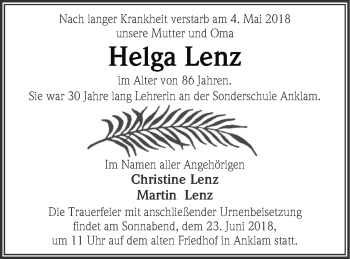 Traueranzeige von Helga Lenz von Vorpommern Kurier