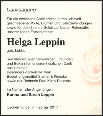 Traueranzeige von Helga Leppin von Haff-Zeitung