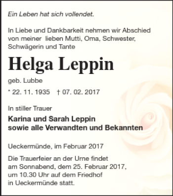 Traueranzeige von Helga Leppin von Haff-Zeitung