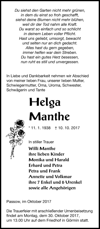 Traueranzeige von Helga Manthe von Vorpommern Kurier