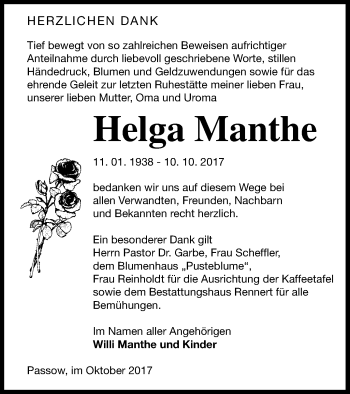 Traueranzeige von Helga Manthe von Vorpommern Kurier