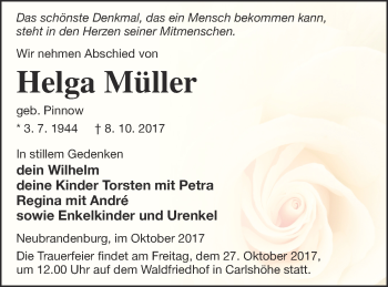 Traueranzeige von Helga Müller von Neubrandenburger Zeitung