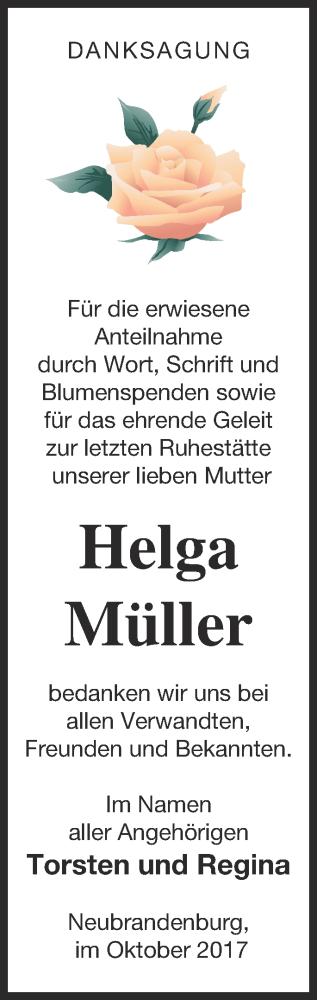 Traueranzeige von Helga Müller von Neubrandenburger Zeitung