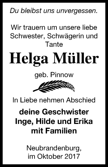 Traueranzeige von Helga Müller von Neubrandenburger Zeitung