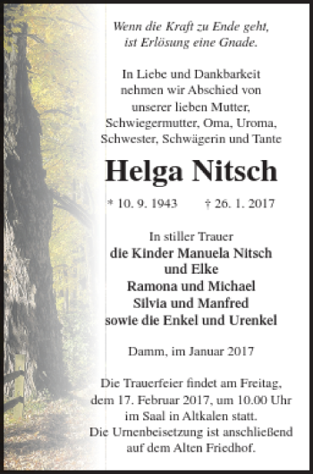 Traueranzeige von Helga Nitsch von Mecklenburger Schweiz