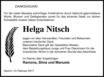 Traueranzeige von Helga Nitsch von Mecklenburger Schweiz