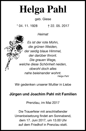 Traueranzeige von Helga Pahl von Prenzlauer Zeitung
