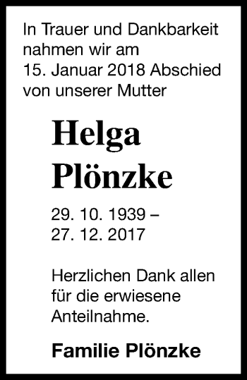 Traueranzeige von Helga Plönzke von Templiner Zeitung