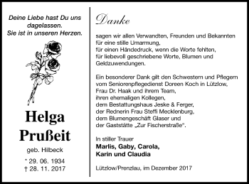 Traueranzeige von Helga Prußeit von Prenzlauer Zeitung