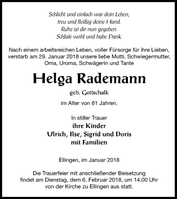 Traueranzeige von Helga Rademann von Prenzlauer Zeitung