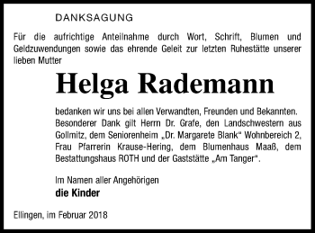 Traueranzeige von Helga Rademann von Prenzlauer Zeitung