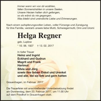 Traueranzeige von Helga Regner von Strelitzer Zeitung