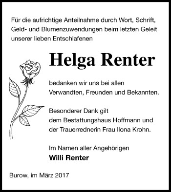 Traueranzeige von Helga Renter von Neubrandenburger Zeitung