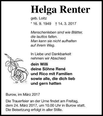 Traueranzeige von Helga Renter von Neubrandenburger Zeitung