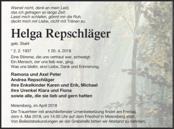 Traueranzeige von Helga Repschläger von Haff-Zeitung