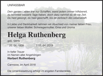 Traueranzeige von Helga Ruthenberg von Prenzlauer Zeitung