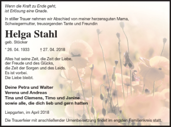 Traueranzeige von Helga Stahl von Haff-Zeitung