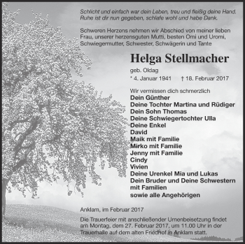 Traueranzeige von Helga Stellmacher von Vorpommern Kurier