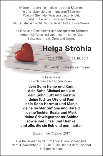 Traueranzeige von Helga Ströhla von Haff-Zeitung
