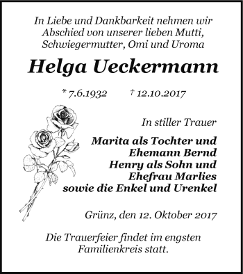 Traueranzeige von Helga Ueckermann von Pasewalker Zeitung