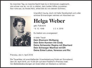 Traueranzeige von Helga Weber von Prenzlauer Zeitung