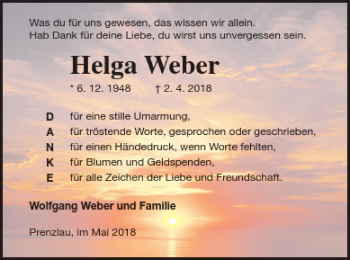 Traueranzeige von Helga Weber von Prenzlauer Zeitung
