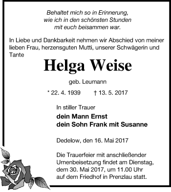 Traueranzeige von Helga Weise von Prenzlauer Zeitung