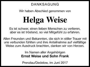 Traueranzeige von Helga Weise von Prenzlauer Zeitung