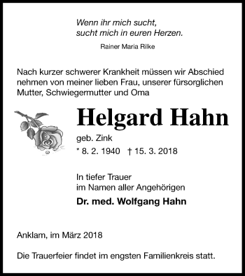 Traueranzeige von Helgard Hahn von Vorpommern Kurier