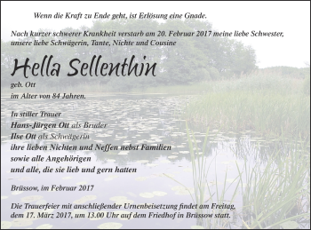Traueranzeige von Hella Sellenthin von Prenzlauer Zeitung