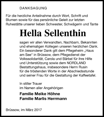 Traueranzeige von Hella Sellenthin von Prenzlauer Zeitung