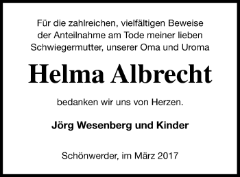 Traueranzeige von Helma Albrecht von Prenzlauer Zeitung