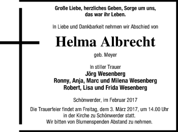 Traueranzeige von Helma Albrecht von Prenzlauer Zeitung