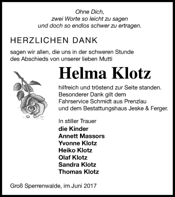 Traueranzeige von Helma Klotz von Prenzlauer Zeitung