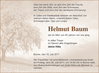 Traueranzeige von Helmut Baum von Neubrandenburger Zeitung