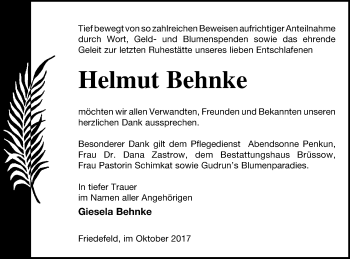 Traueranzeige von Helmut Behnke von Pasewalker Zeitung