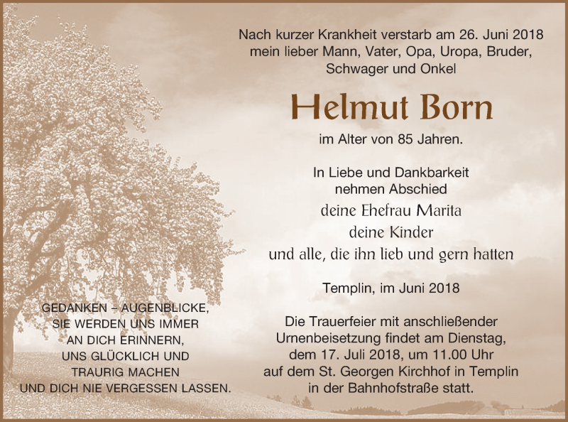  Traueranzeige für Helmut Born vom 29.06.2018 aus Templiner Zeitung